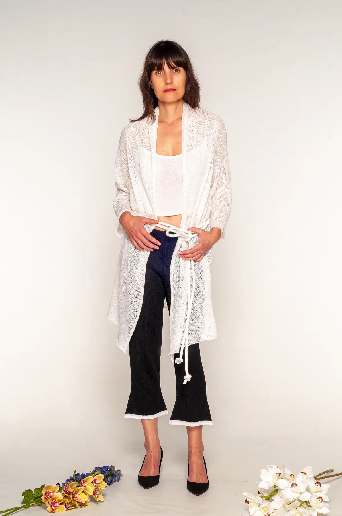 Long Linen and Cotton Cardigan with Belt - White