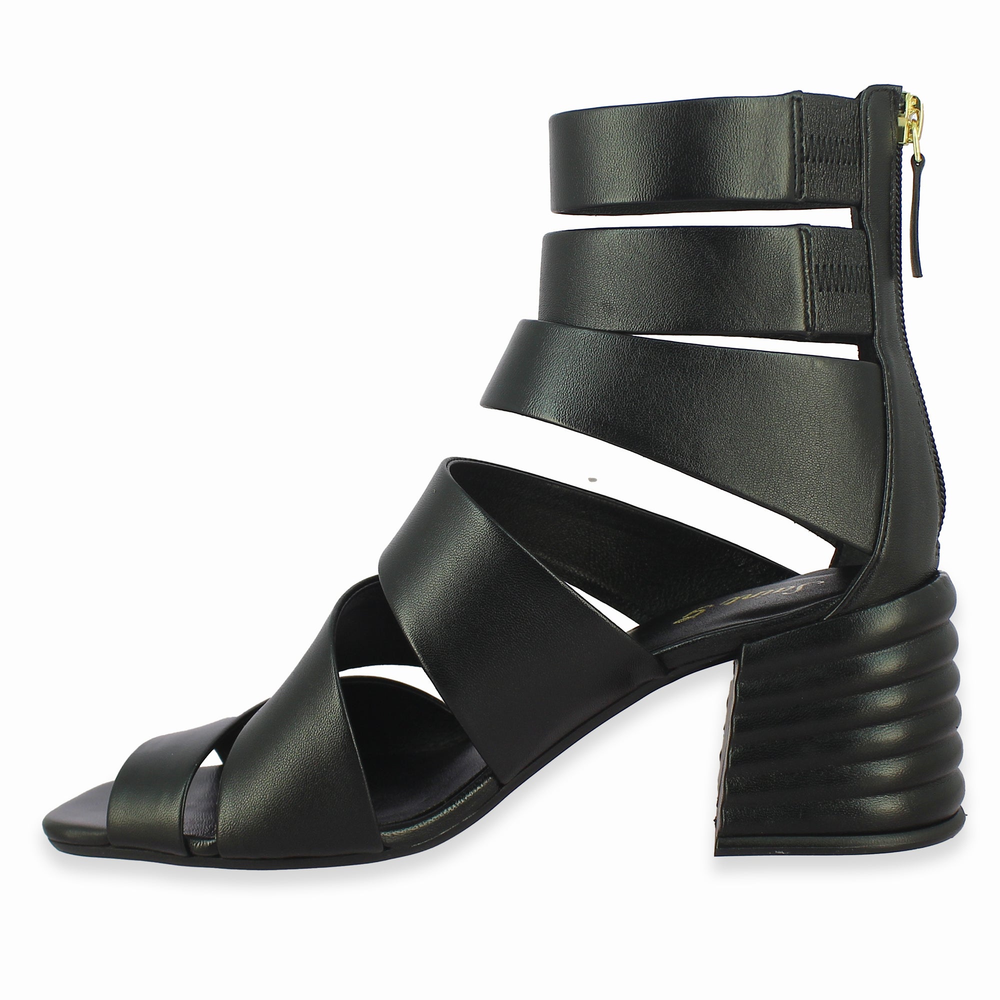 Saint Elena Black Leather Handcrafted Strappy Block Heels