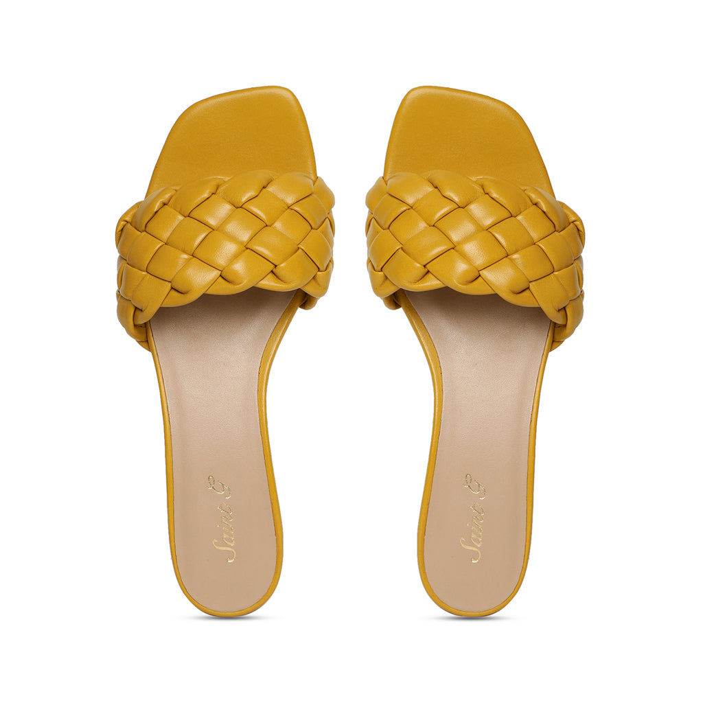 Saint Kate Mustard Woven Leather Mid Heel Mules