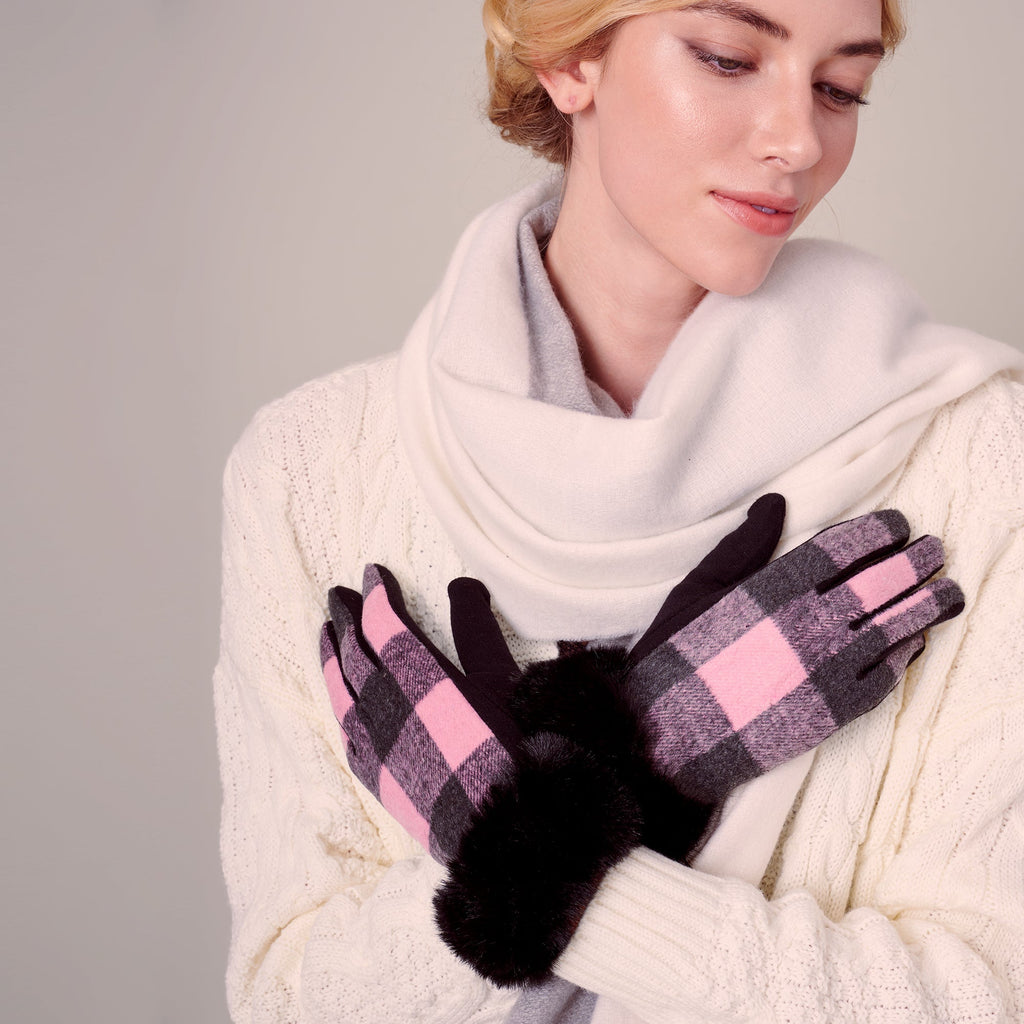 Faux Fur Edge Buffalo Plaid Pattern Gloves