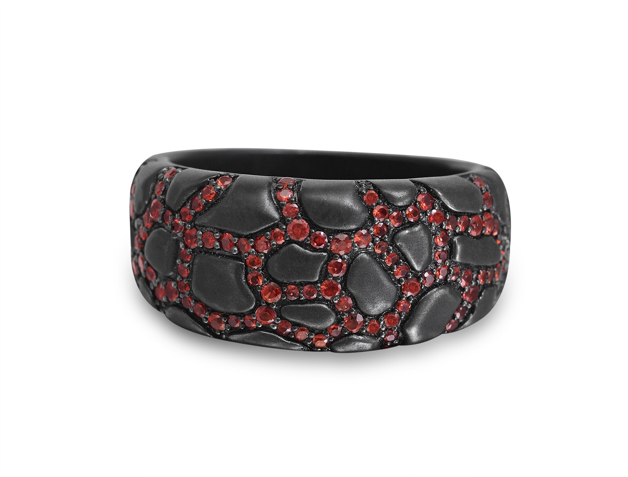 Fiery Ascent Black Rhodium Plated Sterling Silver Textured Band Ring with Garnets