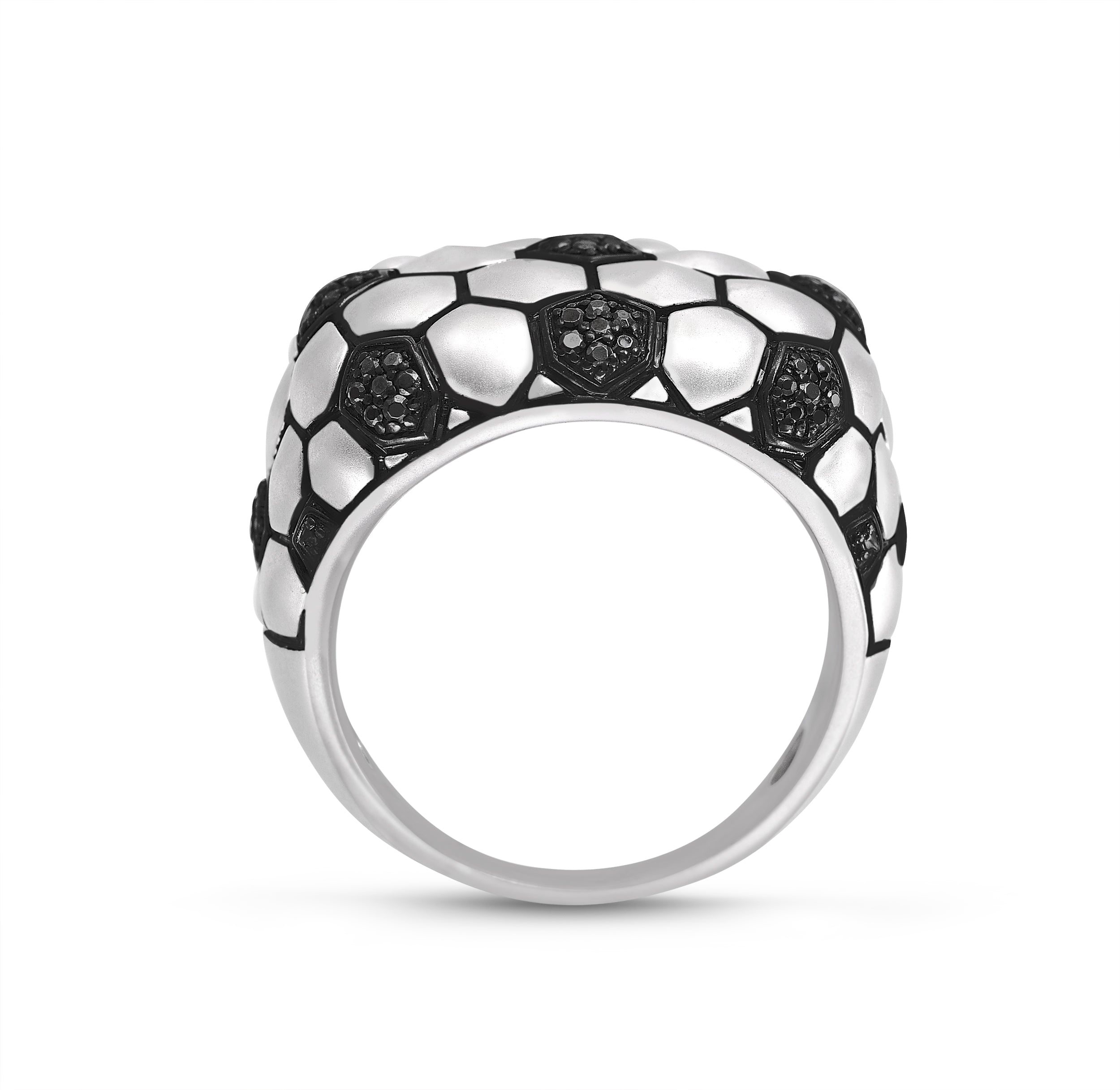 Kick & Goal Soccer Black Rhodium Plated Sterling Silver Black Diamond Head Ring