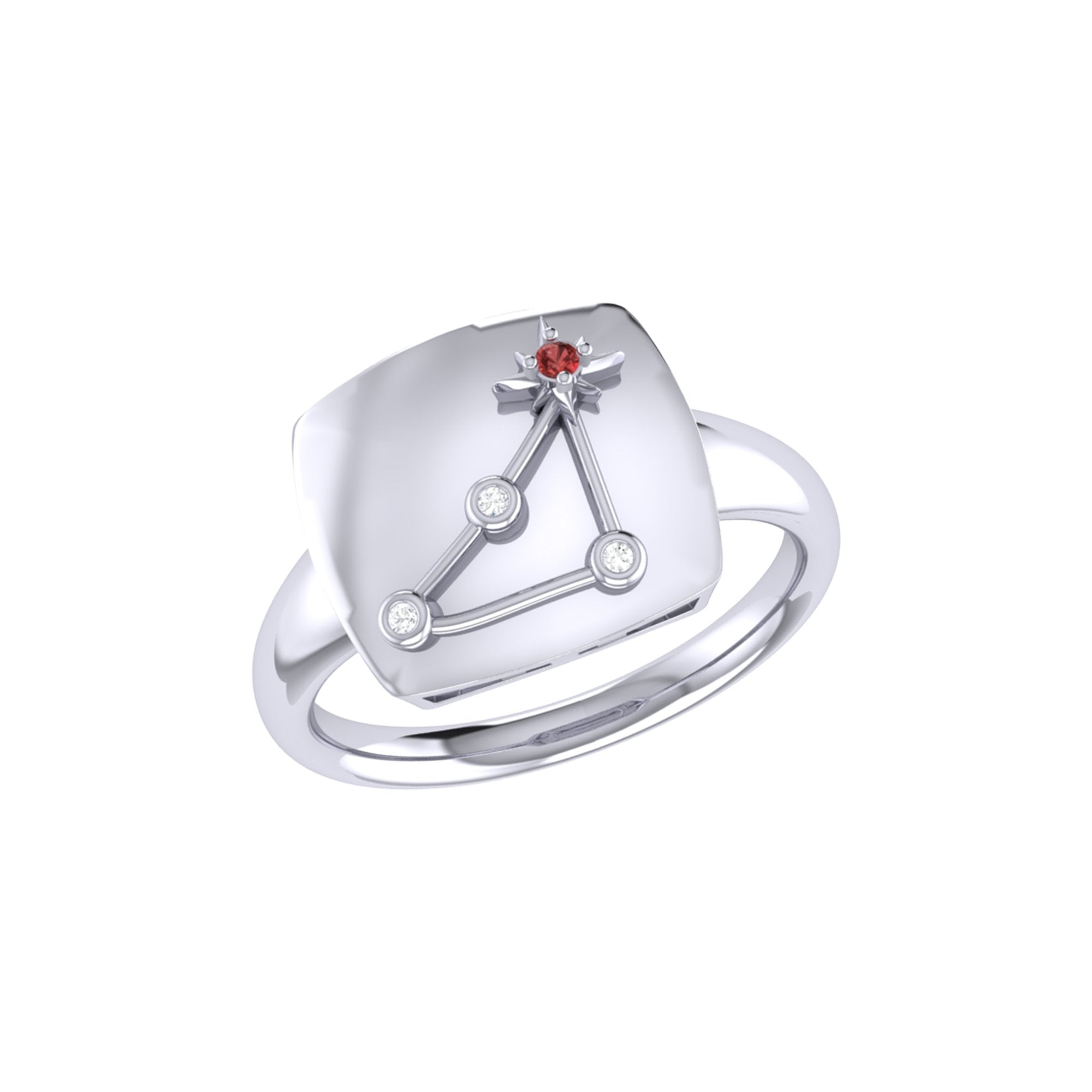 Capricorn Goat Garnet & Diamond Constellation Signet Ring in 14K White Gold