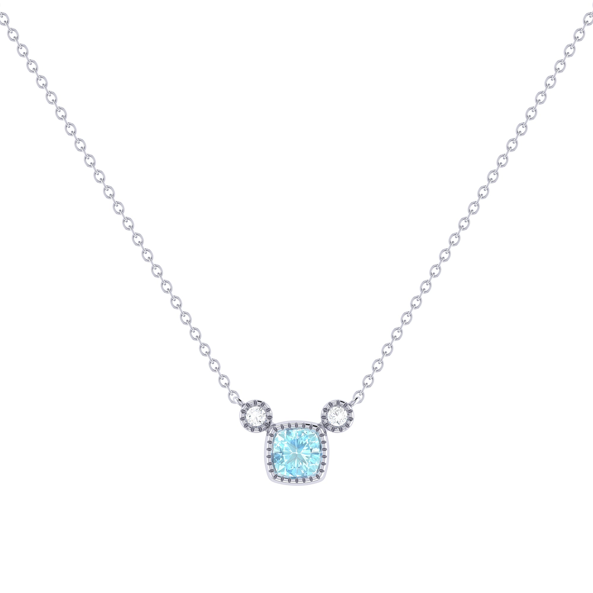 Cushion Cut Aquamarine & Diamond Birthstone Necklace In 14K White Gold