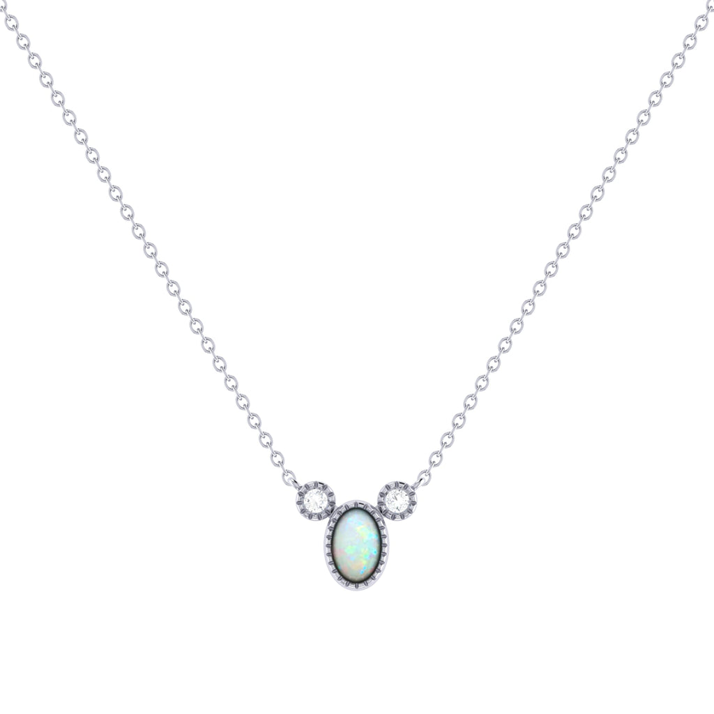 Oval Cut Opal & Diamond Birthstone Necklace In 14K White Gold