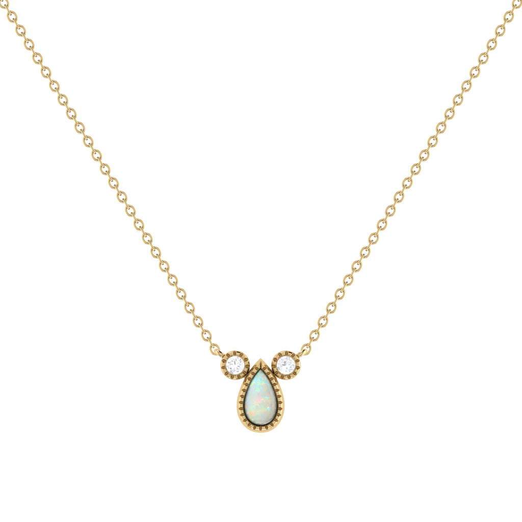 Pear Shaped Opal & Diamond Birthstone Necklace In 14K Yellow Gold