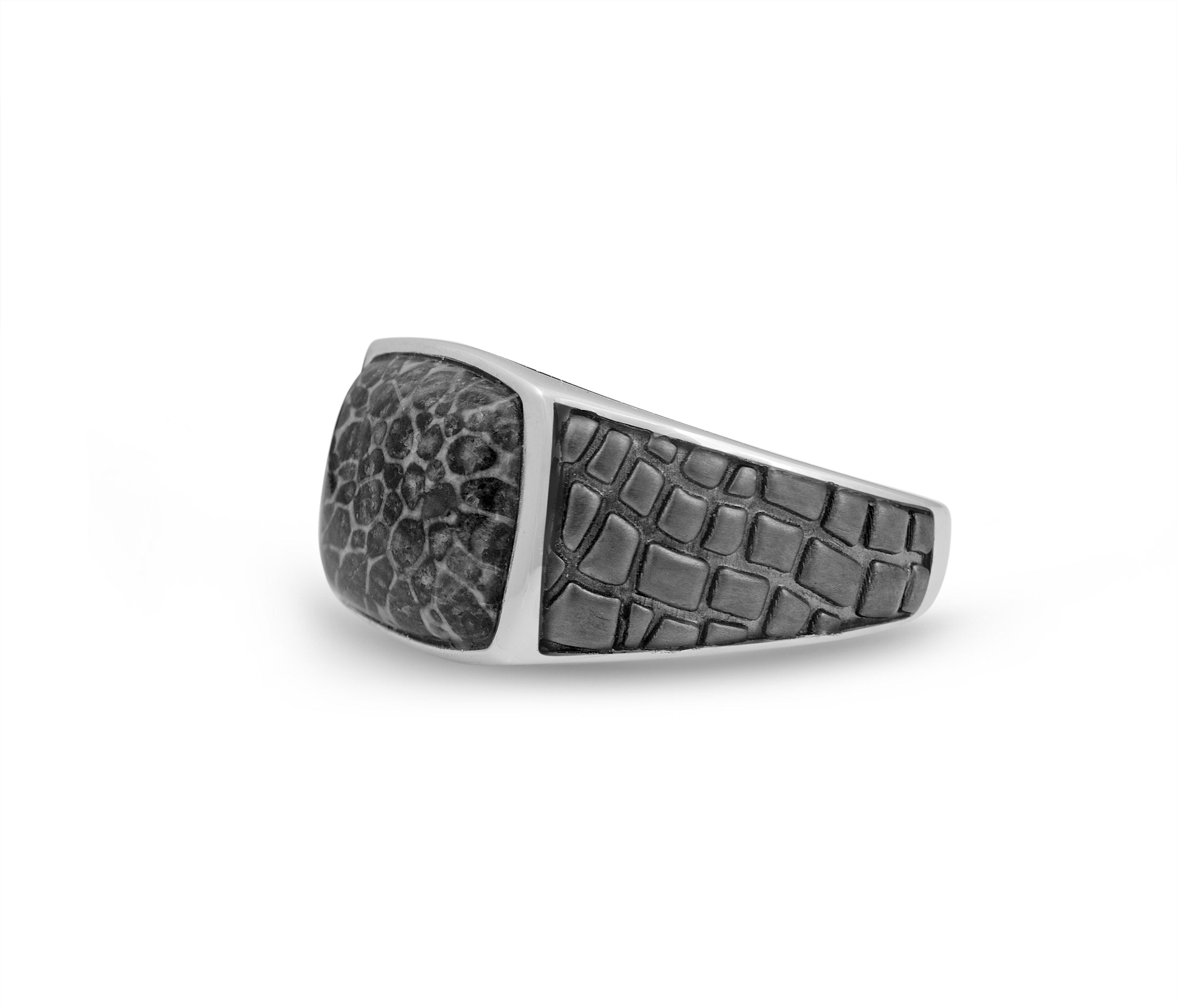 Fossil Agate Stone Signet Ring in Black Rhodium Plated Sterling Silver