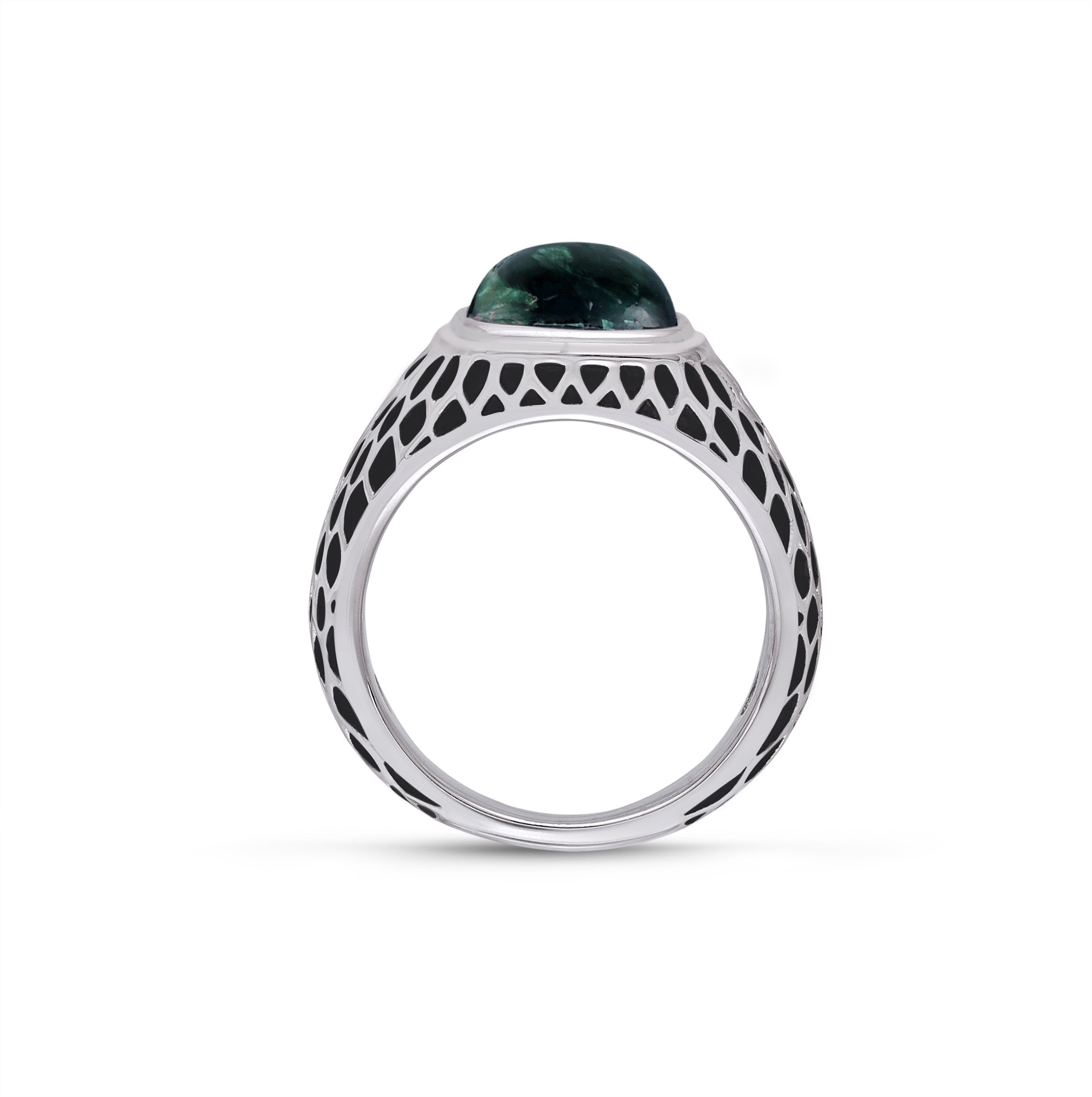 Seraphinite Stone Signet Ring in Black Rhodium Plated Sterling Silver