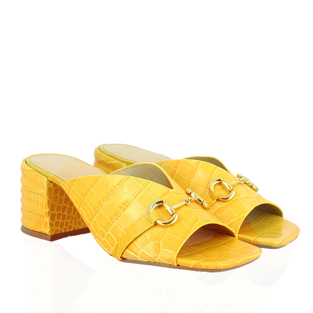 Saint Bianca Yellow Croc Embossed Leather Block Heel Mules