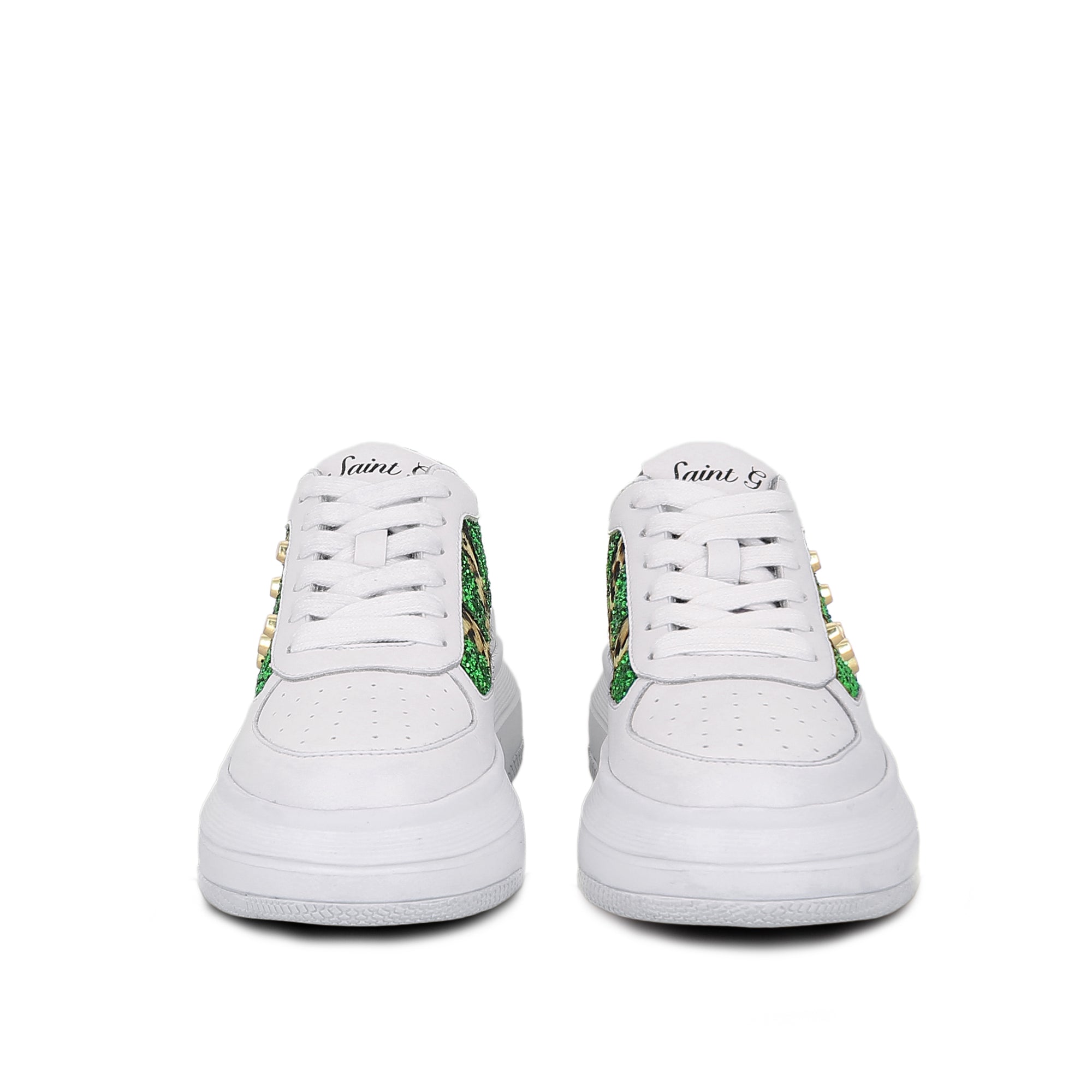 Saint Antea Studs Embellished White & Green Leather Sneakers