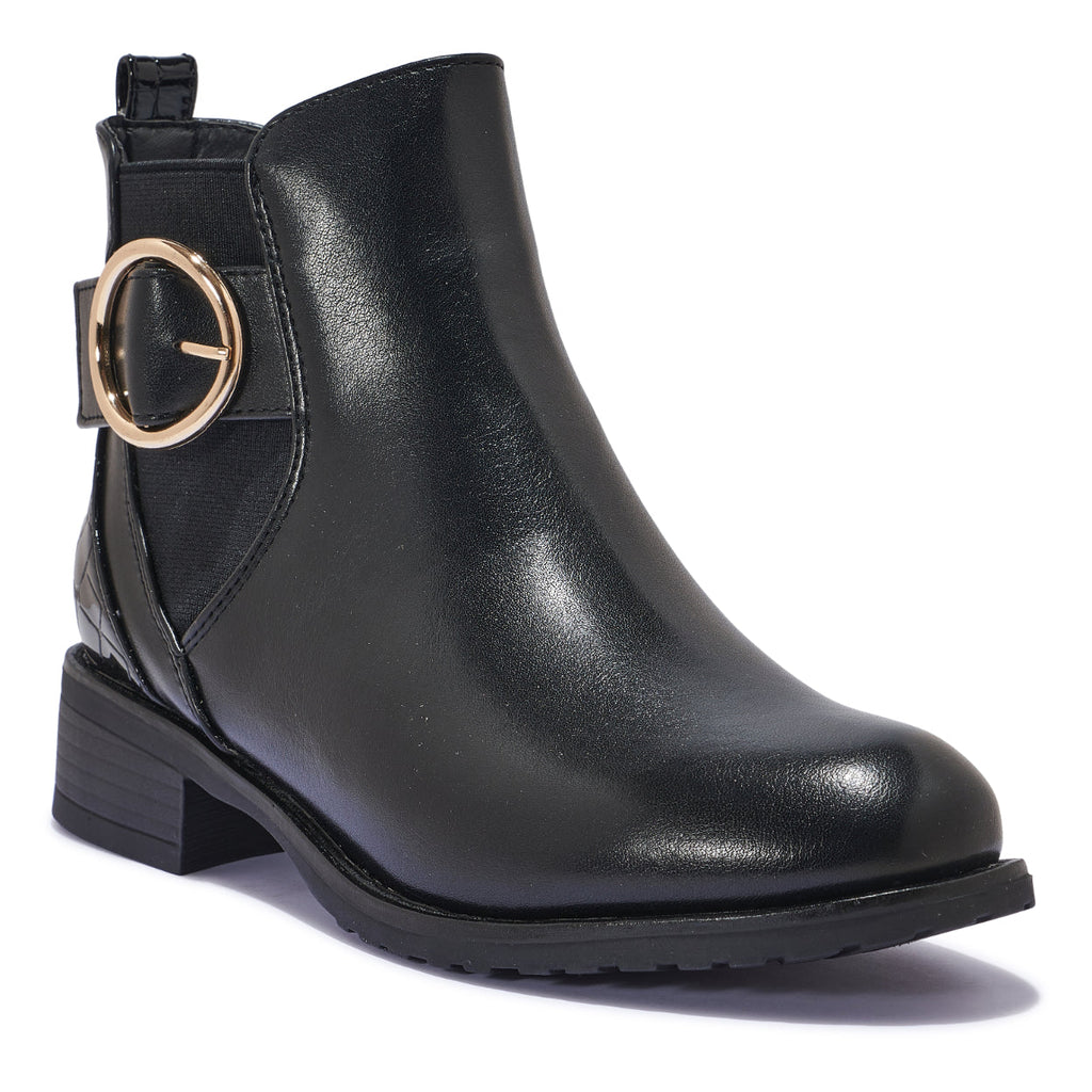 CHAT11 - GOLD DETAILED ANKLE BOOTS WITH LOW BLOCK HEEL